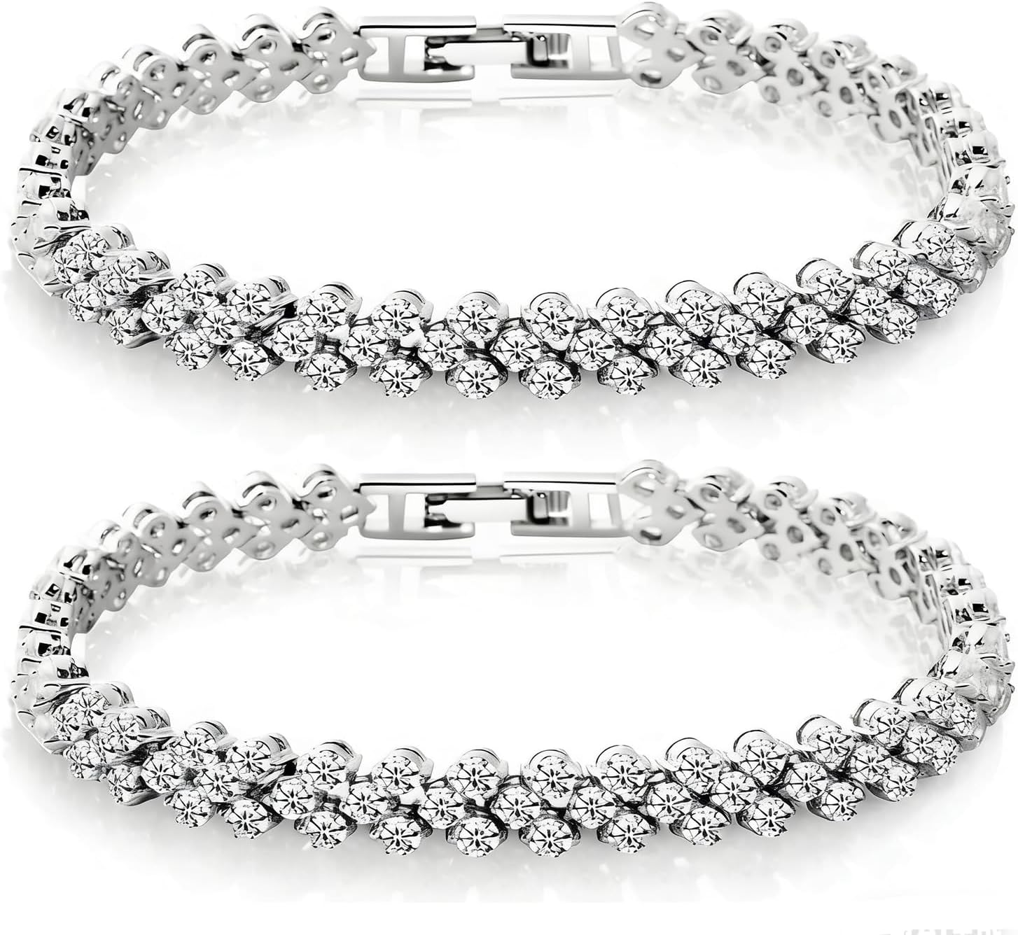 2-Pack 925 Sterling Silver Rhinestone Tennis Bracelets for Women, Vintage Couples Hollow Wavy Design Bangles with Secure Clasp, Elegant Jewelry for Wedding, Party, Evening Wear