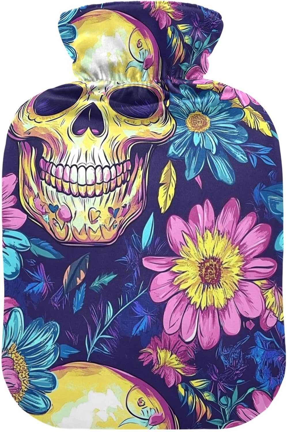 Flower Skull Colorful Travel hot Water Bottle with Soft Cover, 2L Warmer Bag for Hot and Cold Therapies,Hot and Cold Therapies,Bolsa Caliente para Dolores musculares