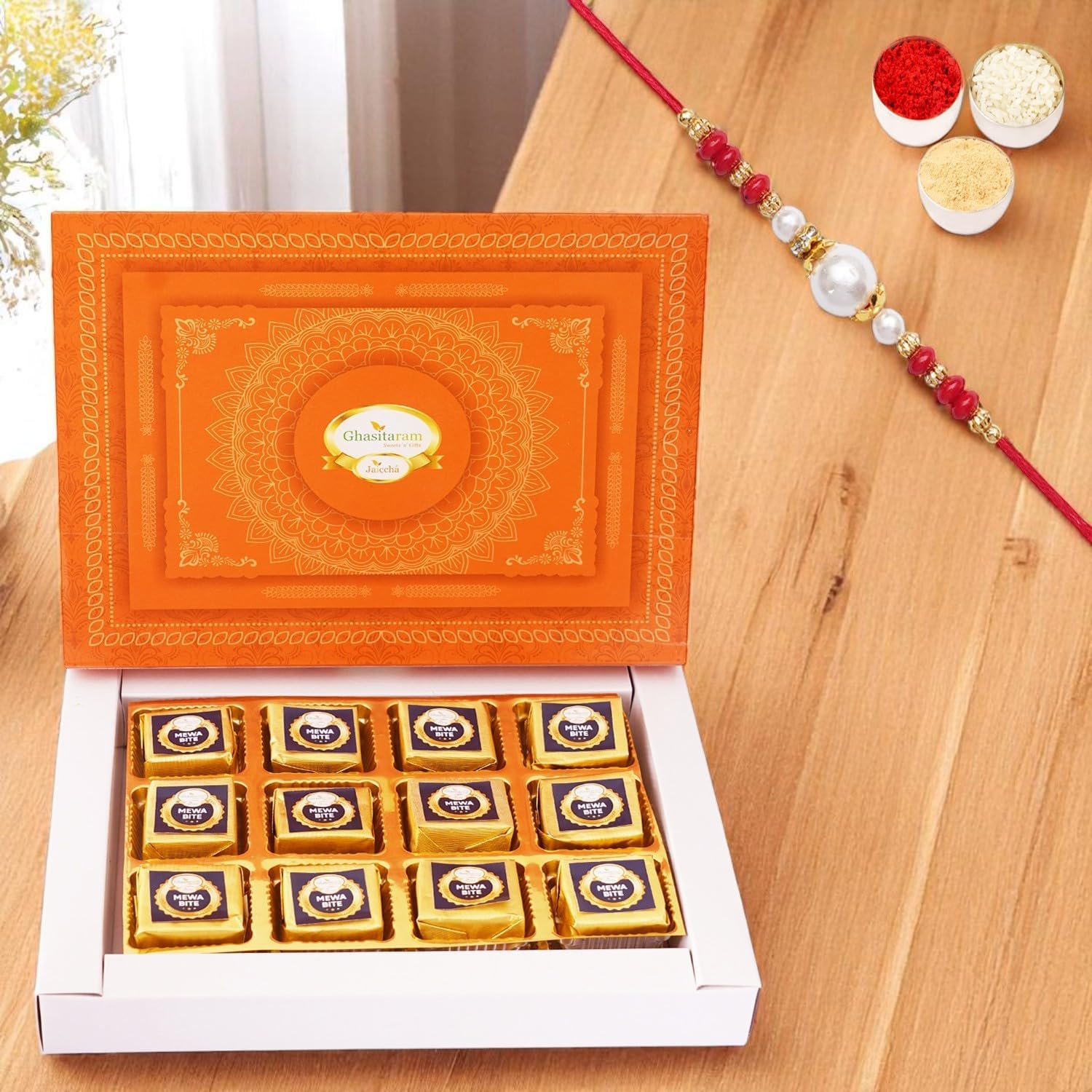 Ghasitaram Gifts Jaiccha Rakhi Gifts for Brothers Mewa bites Box12 pcs with Pearl Beads Rakhi