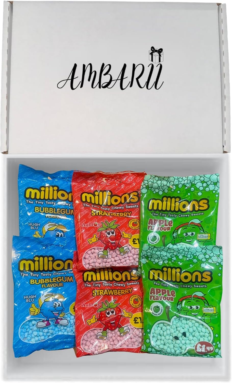 AMBARII Millions Sweets Gift Box Set, Bubblegum, Apple, Strawberry Flavors Candy Pack, 6 Count | Gift hamper | Two of each flavour | Ambarii