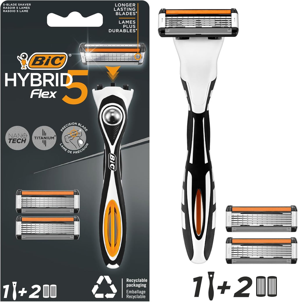 BIC Hybrid 5 Flex Refillable Men's Razor Kit, Handle and Nano-Tech Titanium 5-Blade Refills - Box of 1+2