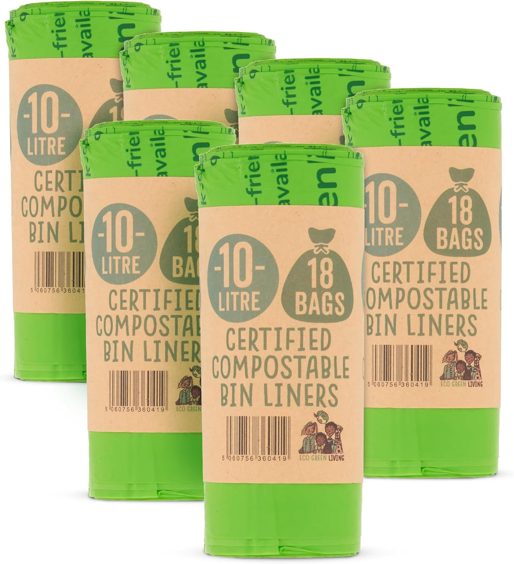 Eco Green Living 10 Litre Compostable Bin Liners, Plastic Free & Recyclable Caddy Bags for Food Waste, Leak Resistant Small Bin Liners, 51 x 82 cm - 6 Pack (108 Bags)