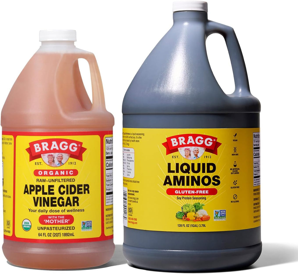 Bragg Organic Apple Cider Vinegar 64oz with the Mother + Bragg Liquid Aminos All-Purpose Seasoning 128oz