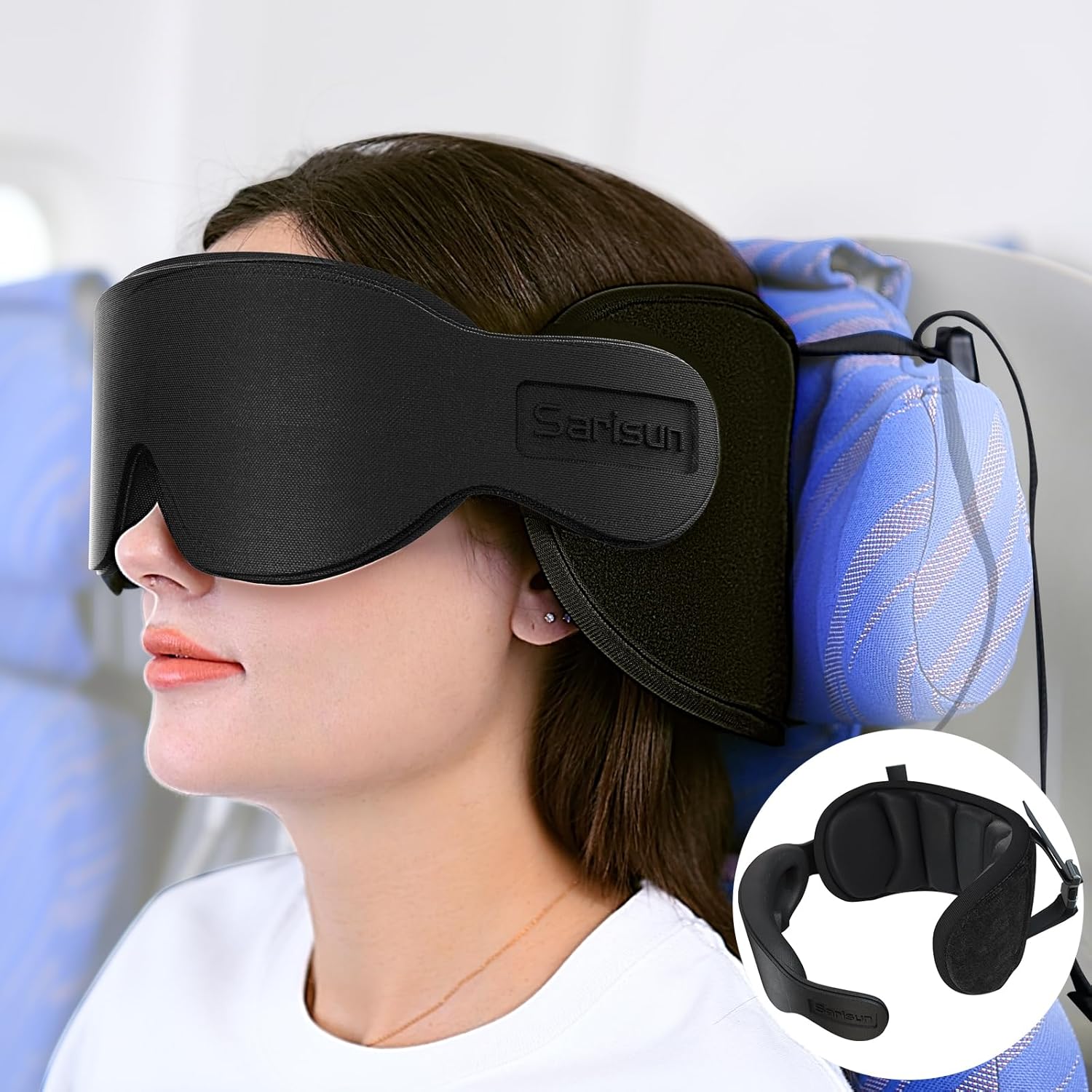 Travel Pillows for Airplanes, 360° Support Headrest Pillow with Eye Mask for Sleeping, Travel Airplane Pillow for Long Flights Car Road Trip, Travel Accessories Stop Bobblehead, Black