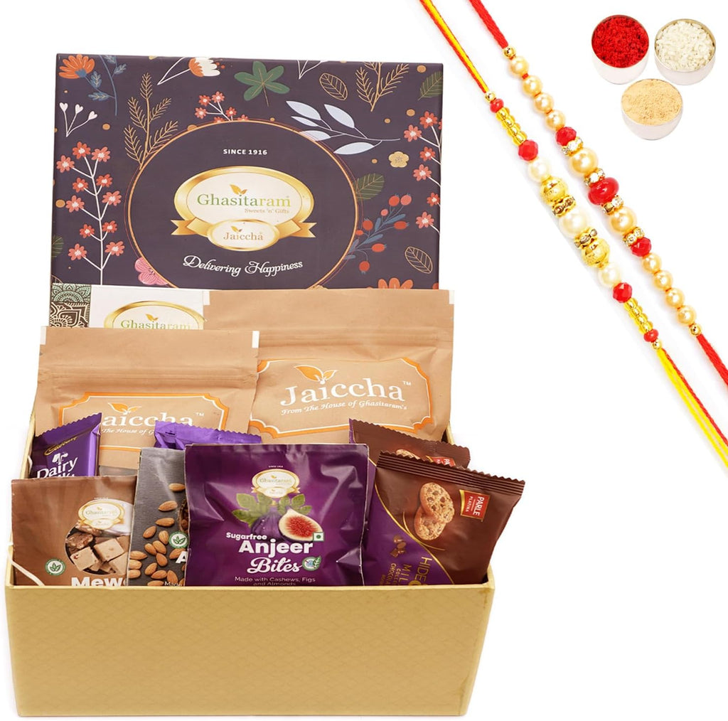 Ghasitaram Gifts Jaiccha Rakhi Gifts for Brothers - Ghasitaram Hamper Box with Sweets with Milk Cake with 2 Rakhis