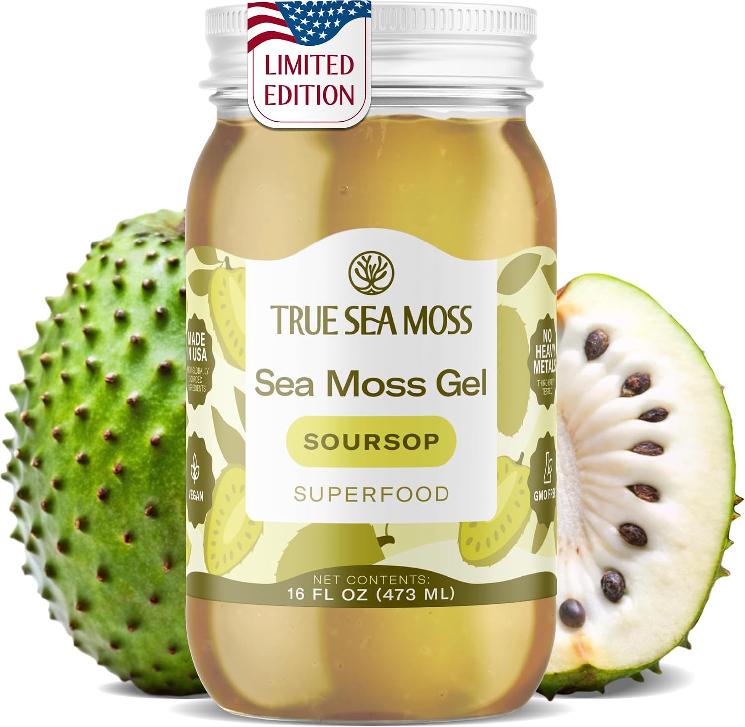 TrueSeaMoss Sea Moss Gel – Made in USA – Wildcrafted Seamoss, Fruits & Jarred Vegetables – Soursop, Pack of 1 (Labels may Vary)