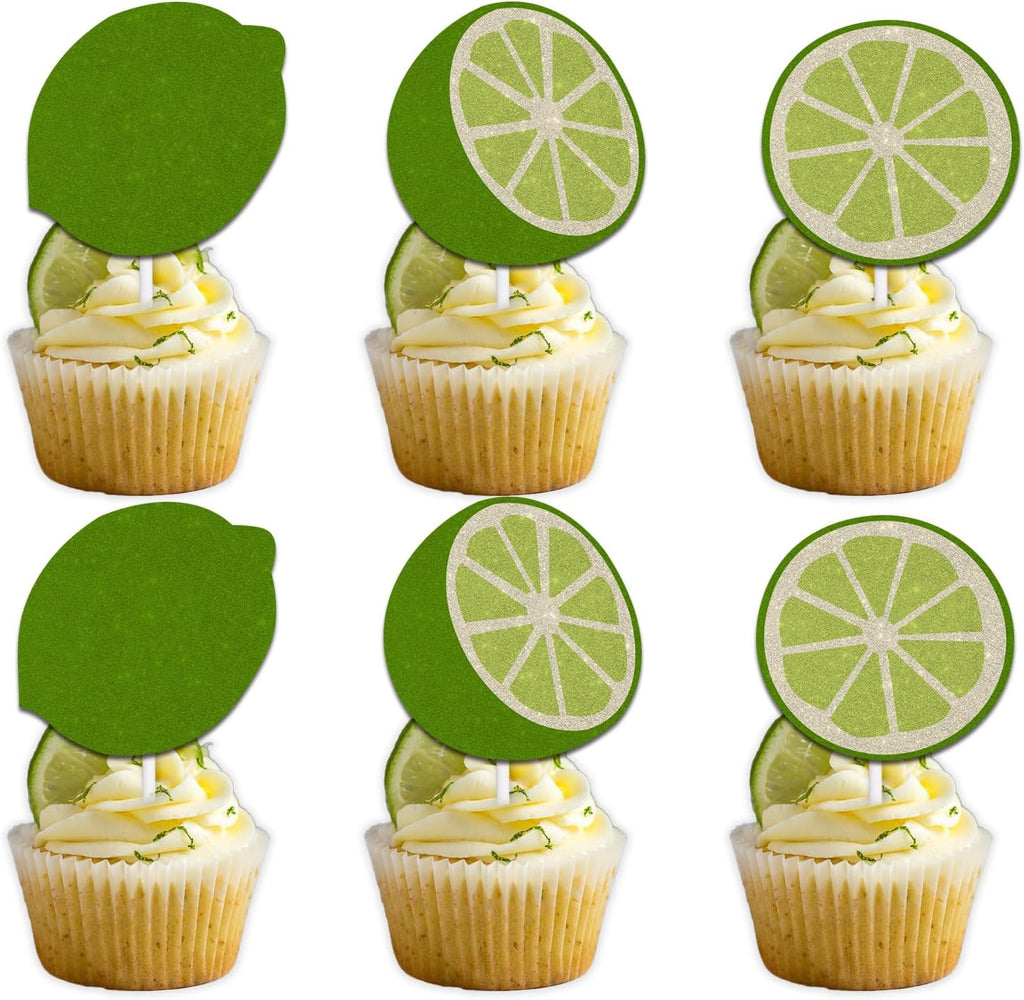 18pcs Green Glitter Lemon Dessert Cupcake Topper Pick for Summer Fruit Lemonade Theme Decor Supplies Baby Shower Men Women Boys Girls Happy Birthday Party Decorations