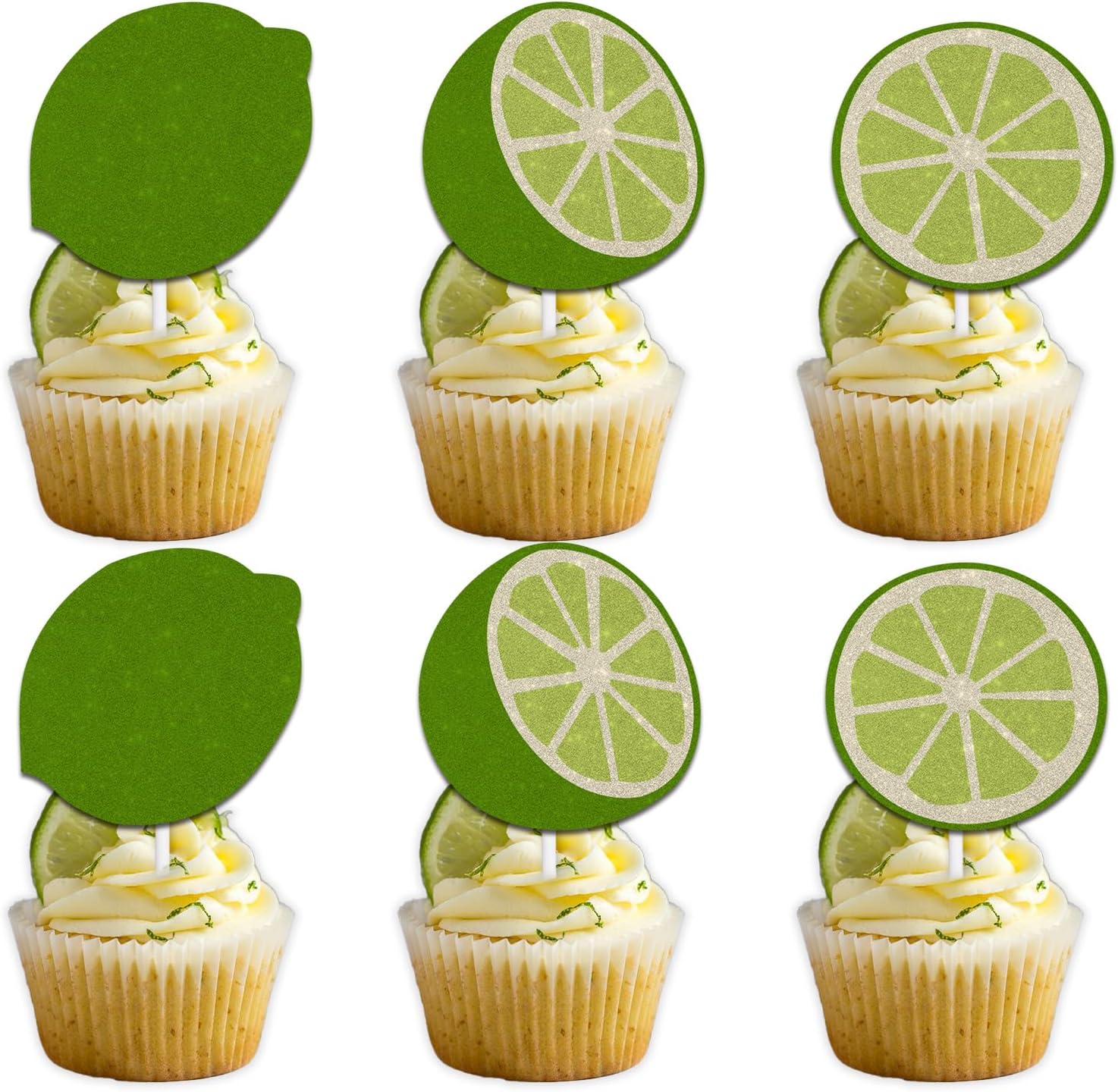 18pcs Green Glitter Lemon Dessert Cupcake Topper Pick for Summer Fruit Lemonade Theme Decor Supplies Baby Shower Men Women Boys Girls Happy Birthday Party Decorations