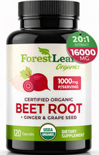 ForestLeaf USDA Organic Beet Root Capsules - Beetroot Supplement 1000mg 20:1 Extract w/Ginger Grape Seed - Support Blood Pressure, Nitric Oxide, Flow, Circulation - Made in USA - 120 Caps