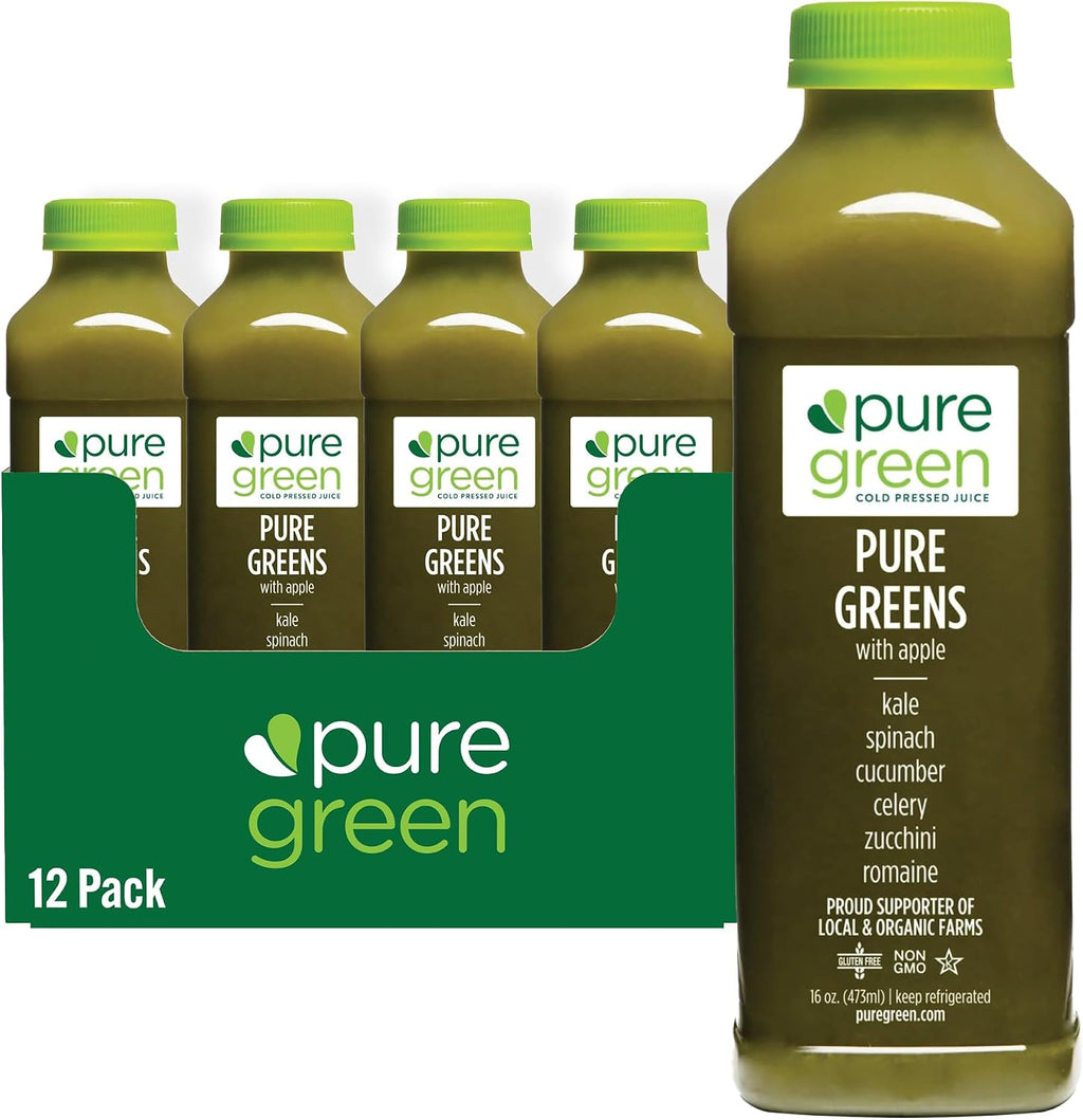Pure Green Cold Pressed Juice - Pure Greens Apple - Fresh Functional Blend with Apple, Greens, Cucumber, Celery - Natural, Gluten Free, Non-GMO, No Artificial Colors or Flavors - Made from Real Fruits & Veggies - 16oz (12 Pack)
