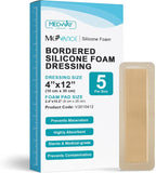 MedVance Bordered Adhesive Silicone Foam Dressing Pack of 10 - Waterproof Silicone Pad - Easy Apply & Remove Sterile Bandages - Wound Care & Dressings for Burns & More (4"x12" Bandage, 2.4"x10.4" Pad)