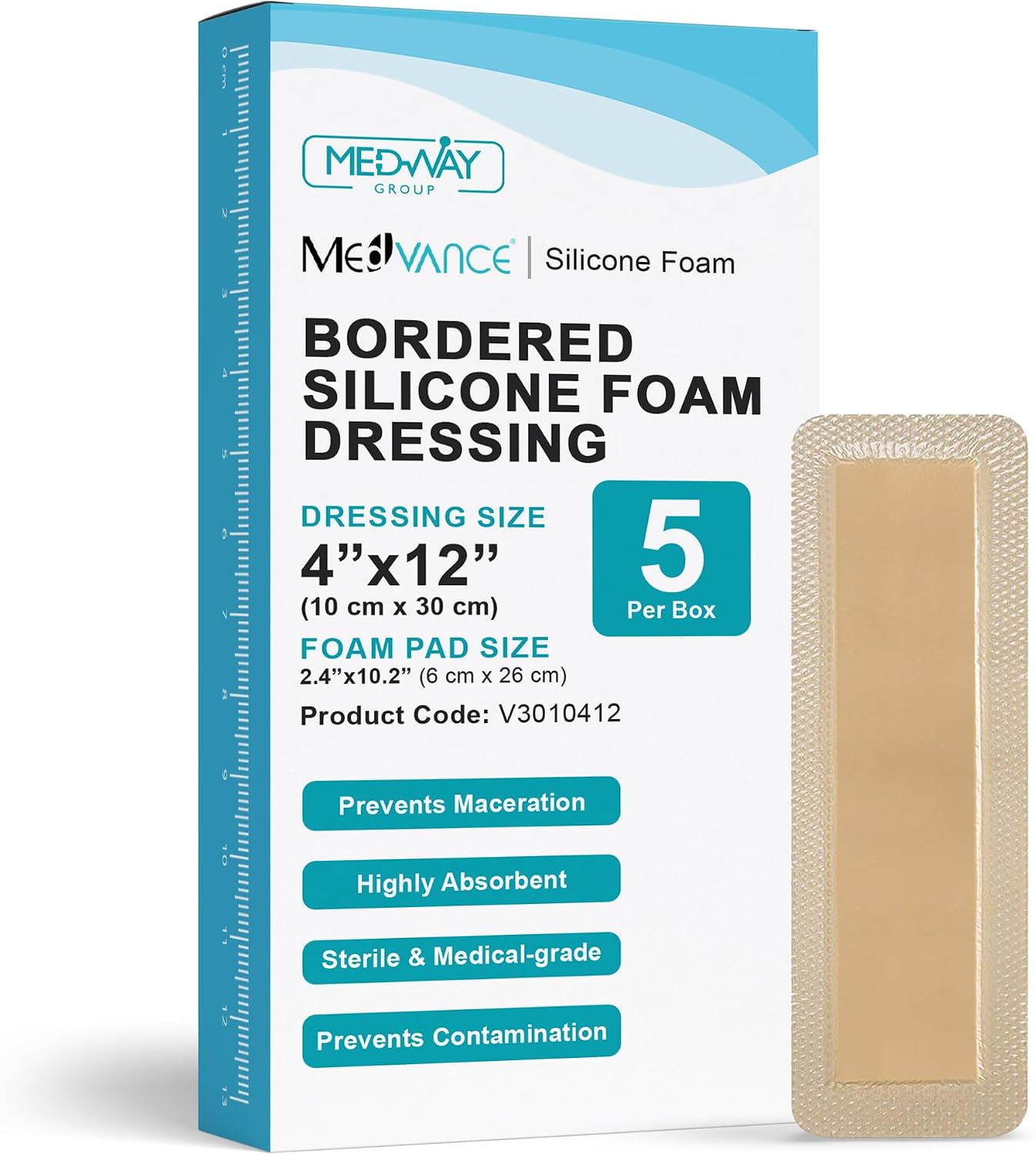 MedVance Bordered Adhesive Silicone Foam Dressing Pack of 10 - Waterproof Silicone Pad - Easy Apply & Remove Sterile Bandages - Wound Care & Dressings for Burns & More (4"x12" Bandage, 2.4"x10.4" Pad)