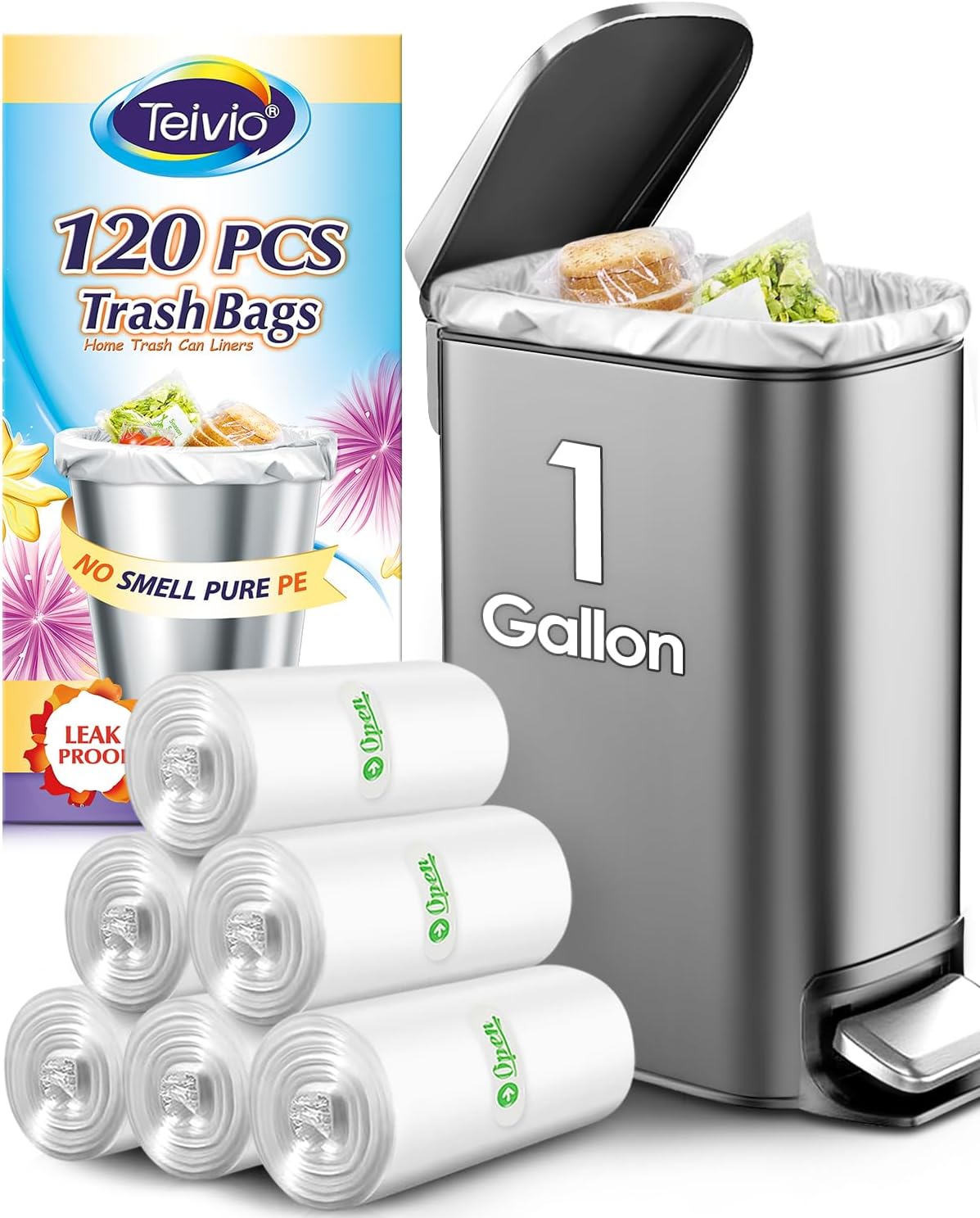 Teivio 1 Gallon 120 Counts Mini Strong Trash Bags 1-1.2 Gallon Garbage Bags,Small Waste Basket Liners,Bathroom Trash Can Bin Liners, Plastic Bags for home office kitchen, 4-5 Liters,Clear