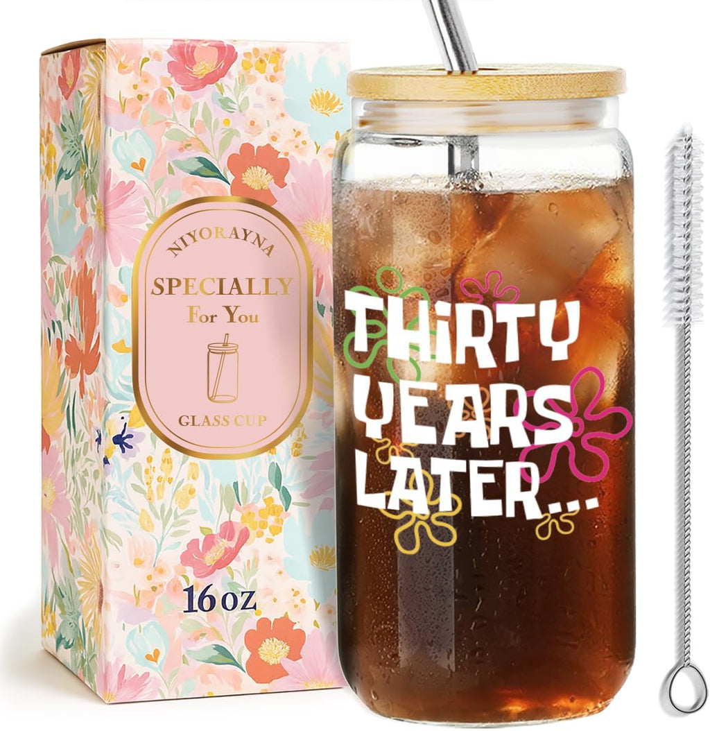 Funny 30th Birthday Drinking Glass Cup with Lids and Straw Gifts for Women,Happy 30th Birthday Decorations Glass Tumbler for Her,30 Years Later,Unique Friendship Birthday's Gifts for Best Friend -1