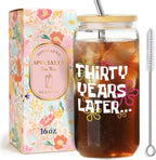 Funny 30th Birthday Drinking Glass Cup with Lids and Straw Gifts for Women,Happy 30th Birthday Decorations Glass Tumbler for Her,30 Years Later,Unique Friendship Birthday's Gifts for Best Friend -1