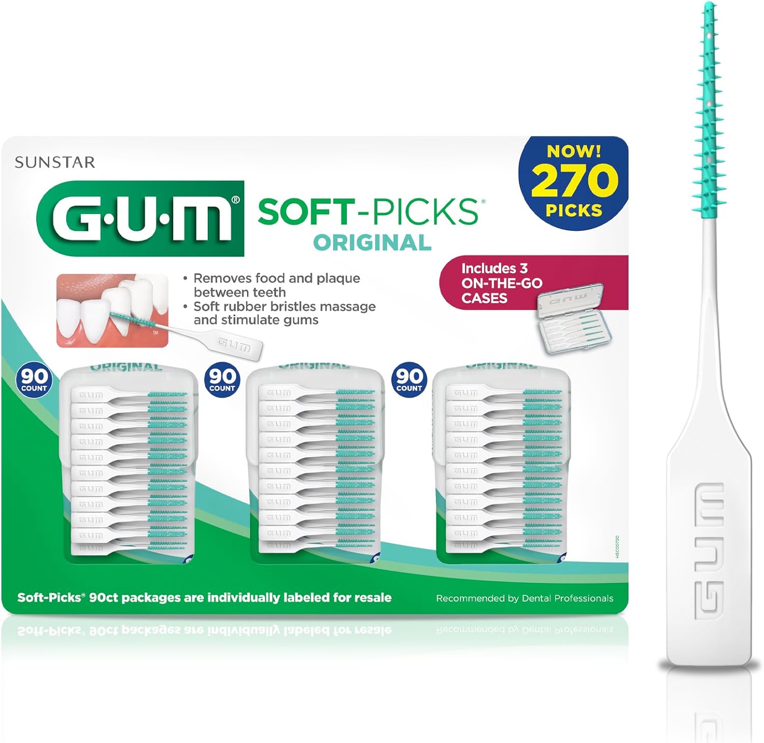 GUM Soft-Picks Original, Easy to Use Dental Picks for Teeth Cleaning and Gum Health, Disposable Interdental Brushes with Convenient Carry Case, Dentist Recommended Dental Picks, 270 Count