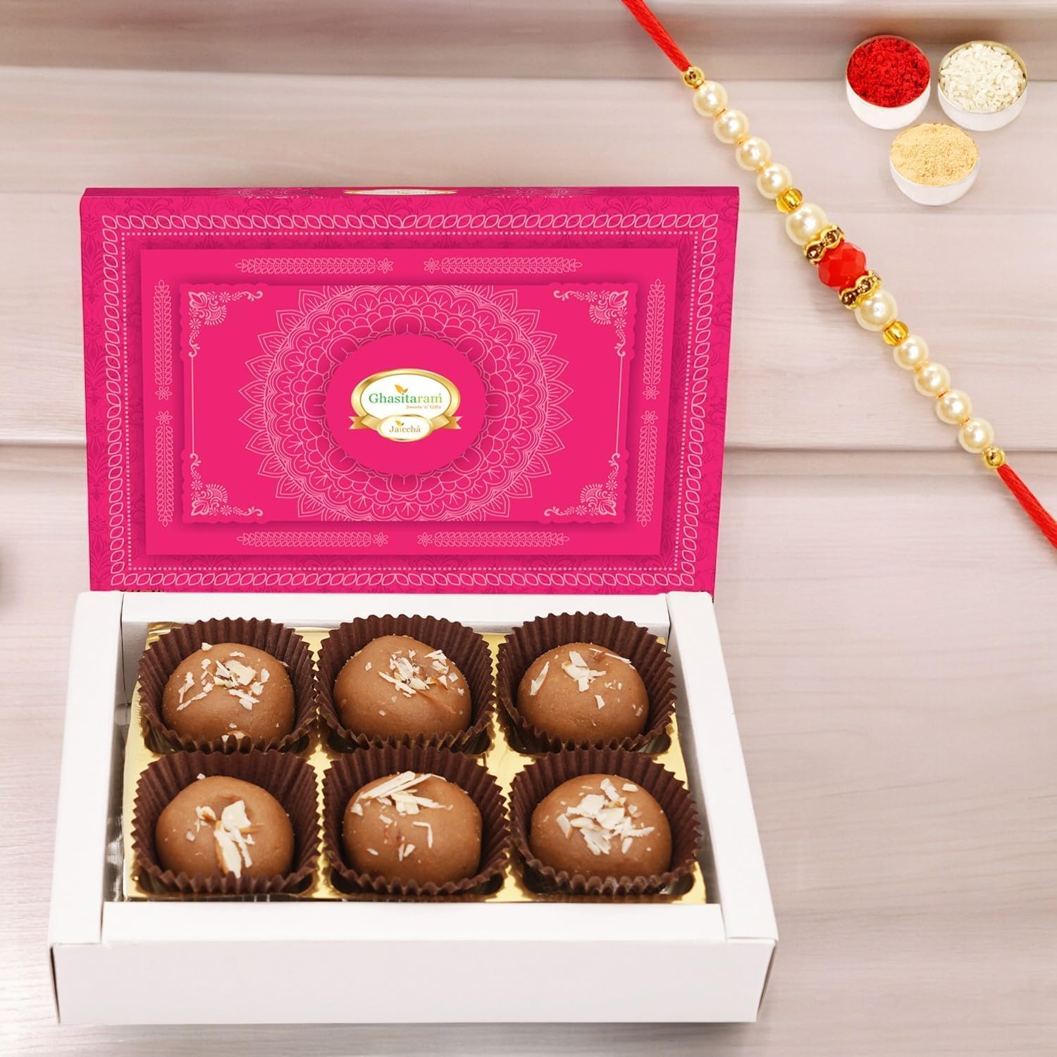 Ghasitaram Gifts Jaiccha Rakhi Gifts for Brothers - Mathura Peda Box 6 Pcs with Pearl Beads Rakhi