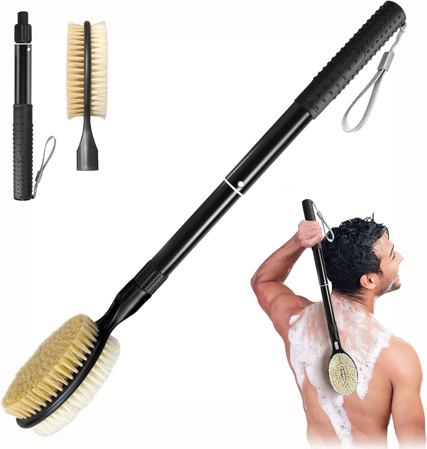 Gobiteli Back Scrubber with Soft and Stiff Bristles, 17''-25'' Long Handle Dual-Sided Shower Brush for Body for Deep Cleaning
