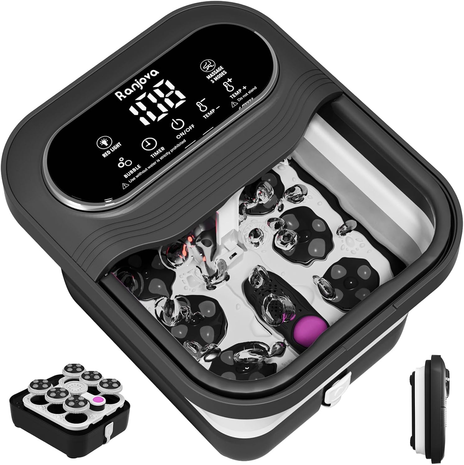 Ranjova Collapsible Foot Spa Electric Rotary Massage, Foot Bath with Heat, Bubble,Temp Control, and 24 Motorized Shiatsu Massage Balls, Pedicure Foot Spa Tub for Stress Relief (Black)
