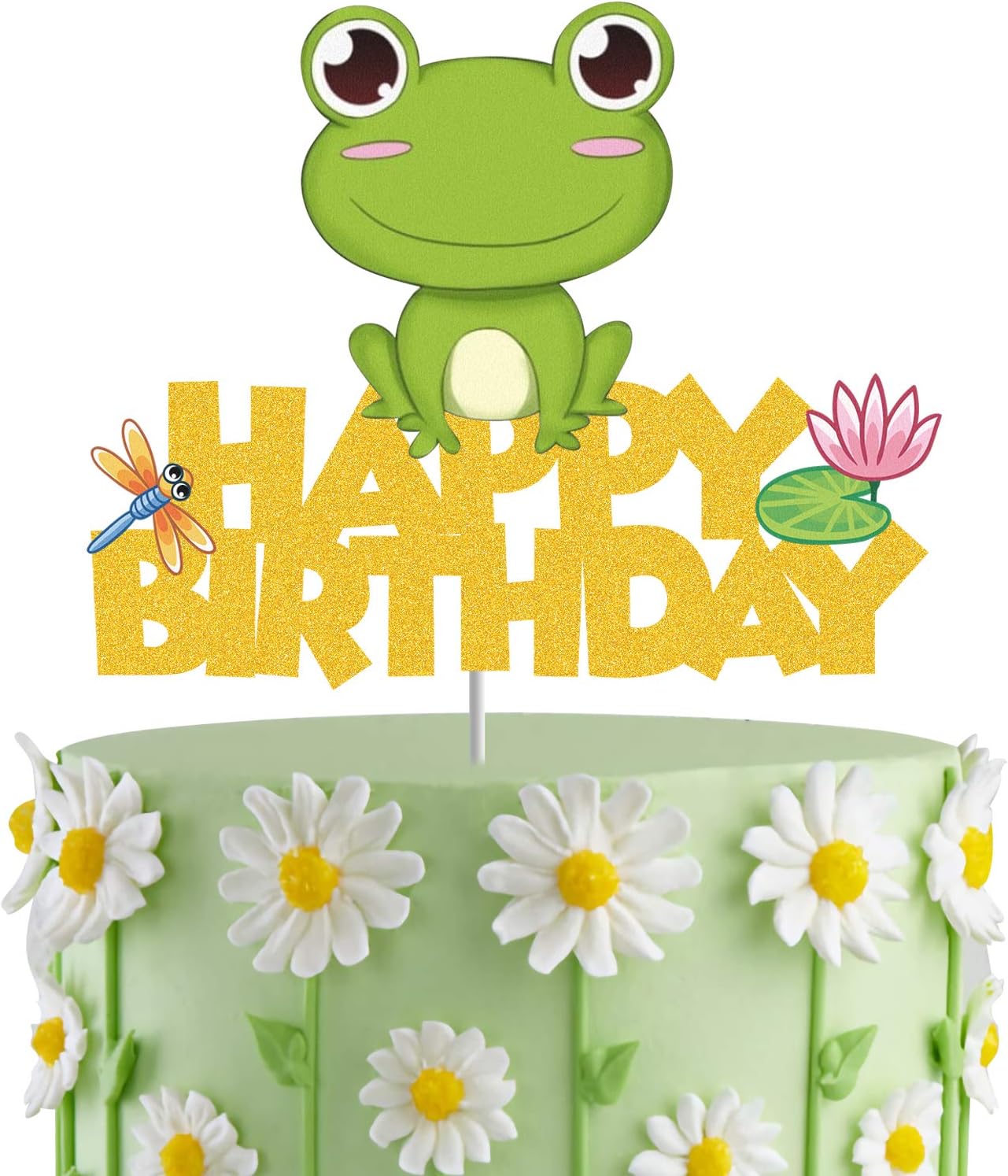 Gold Glitter Frog Happy Birthday Cake Topper for Baby Shower, Kids Birthday Party Decorations,Rainforest Party Decor, Frog Princess Cake Decor,Frog Birthday Decor