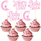 12PCS Pink Baby Girl Cupcake Toppers - Glitter Moon & Welcome to the World Set for Baby Showers & Gender Reveals