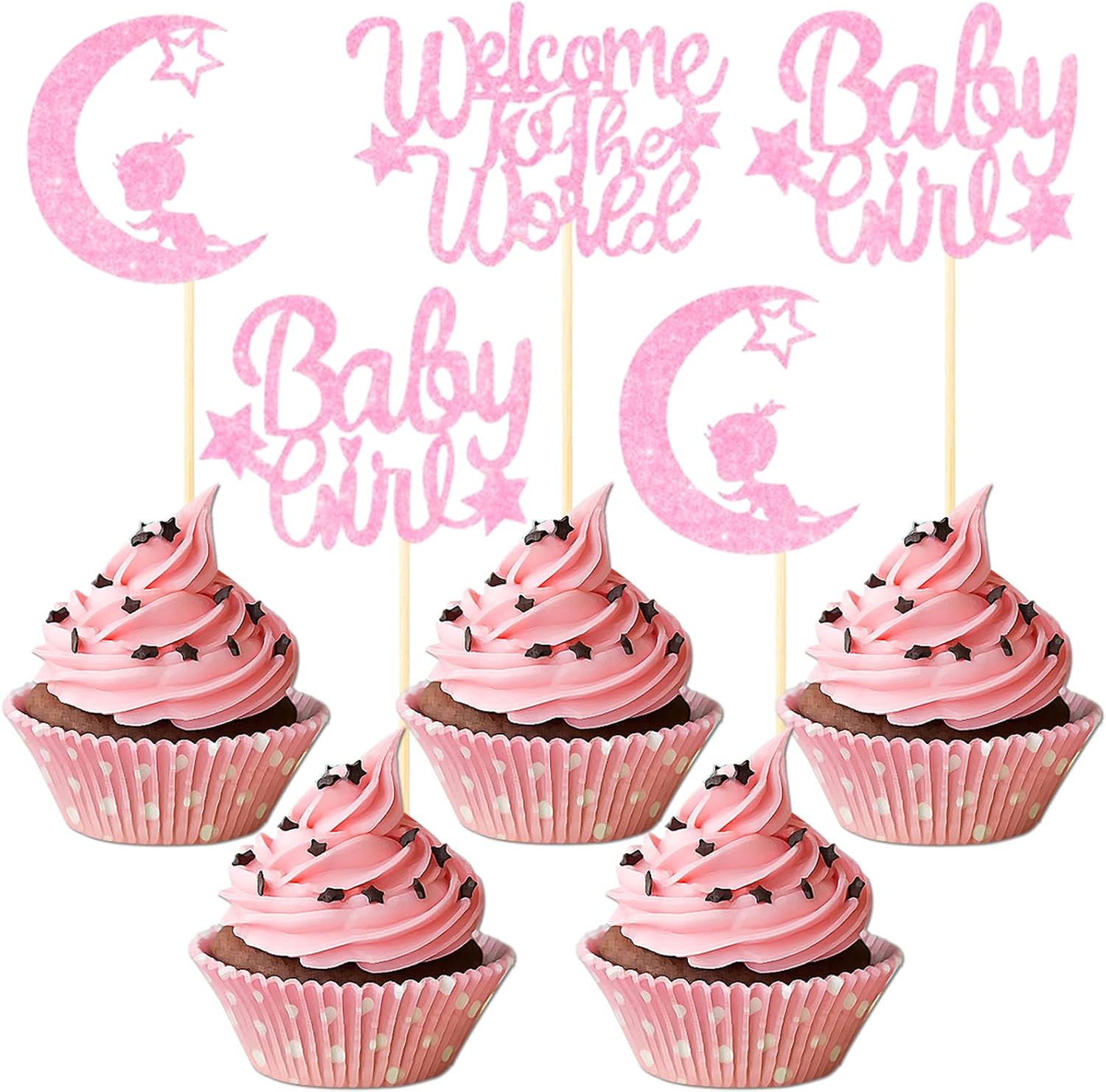 12PCS Pink Baby Girl Cupcake Toppers - Glitter Moon & Welcome to the World Set for Baby Showers & Gender Reveals