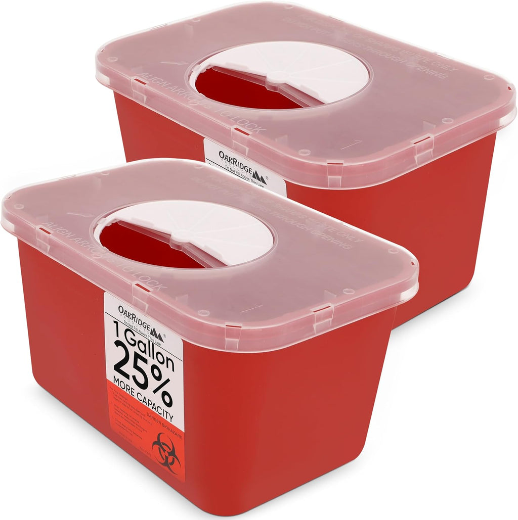 Oakridge Products Large Sharps Container for Home Use and Professional 1 Gallon (2-Pack), Biohazard Needle and Syringe Disposal, Rotating Lid, CDC Certified