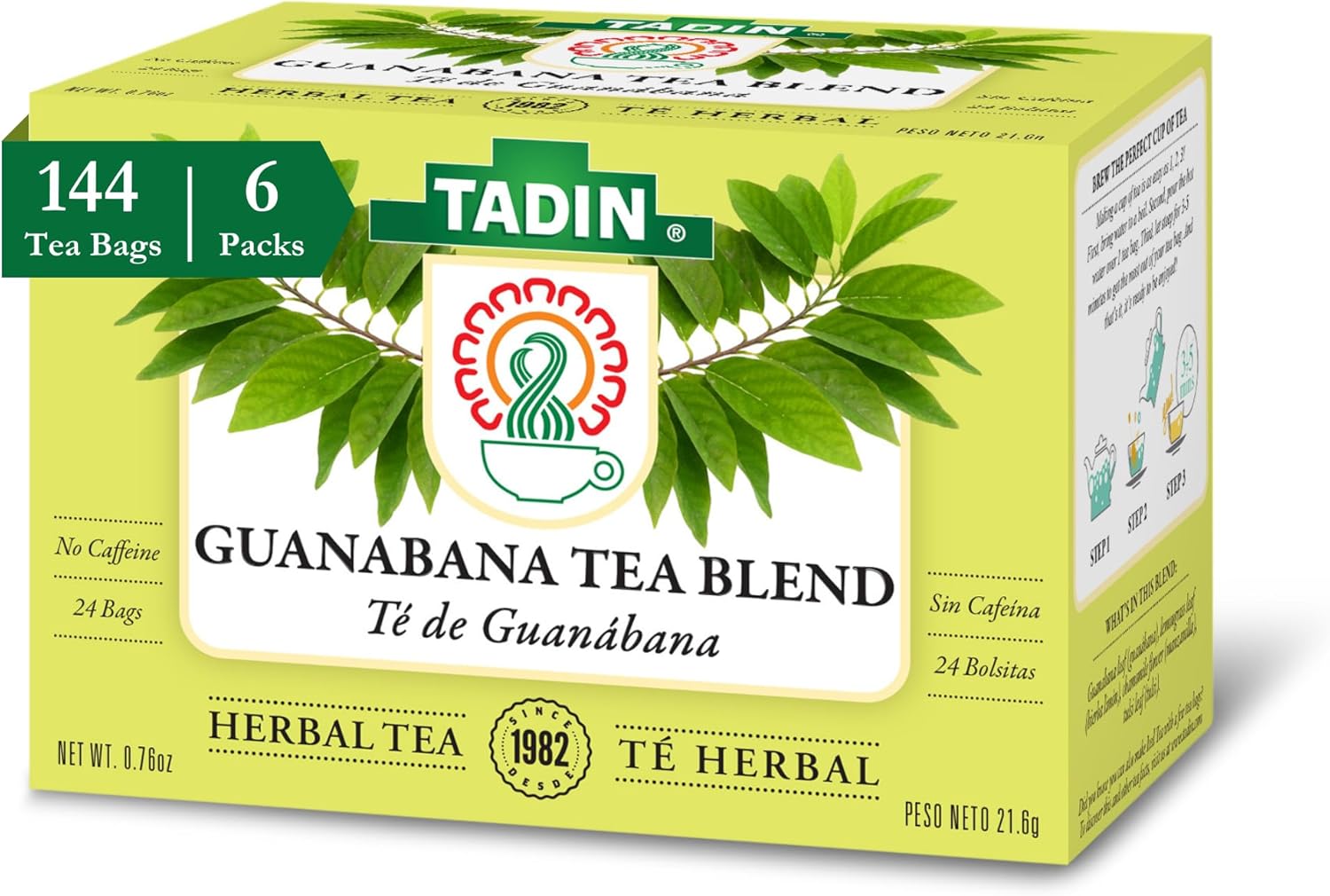 Tadin Guanabana Tea, Soursop Tea, Herbal Tea, Caffeine Free, Decaffeinated, 24 Tea Bags Per Box, Pack of 6