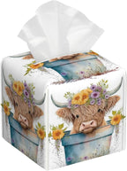 Highland Cow Garland Tissue Box Cover Square,Leather Tissue Holder with Bottom Belt,Waterproof Facial Paper Organizer Tissue Box Cover for Home Office Bathroom Vanity Countertop,5.2" x 5.2" x 5.2"