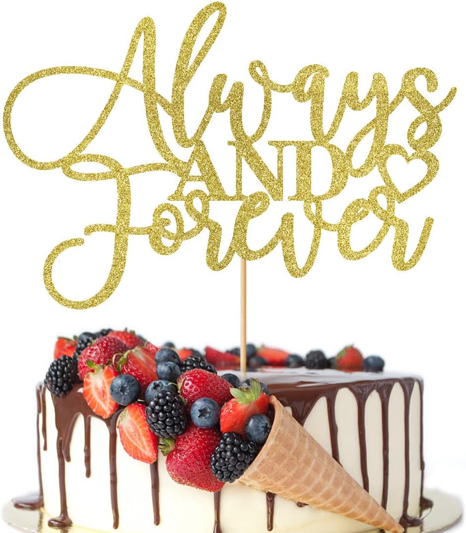 Always and Forever Cake Topper, Gold Glitter Love Cake Topper, Vow Renewal/Engagement/Confession of Love/Bridal Shower/Anniversary/Wedding Party Decoration Supplies (Gold Glitter)