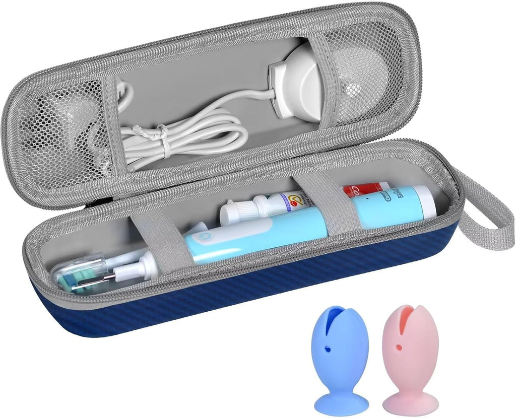 Travel Case for Oral-B/Oral-B Pro/Phlips Sonicare Electric Toothbrush with 2pcs Toothbrush Heads Cover Cap, Portable Hard Protective Storage Bag with Accessories Storage (Blue)