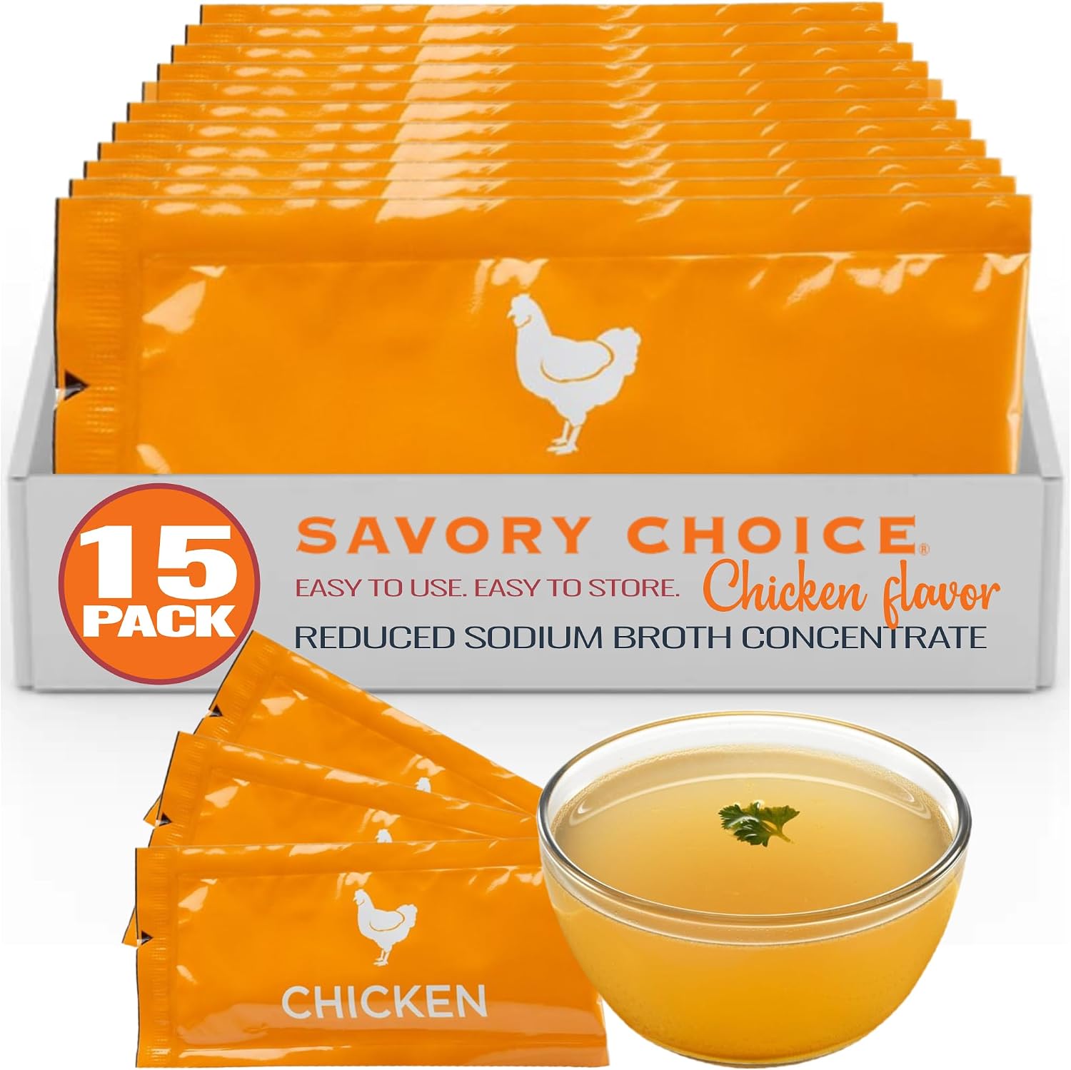 SAVORY CHOICE Reduced Sodium Chicken Broth Concentrate, 15 Packets (9.6g) - Gluten-Free, Diary-Free Broth Concentrate