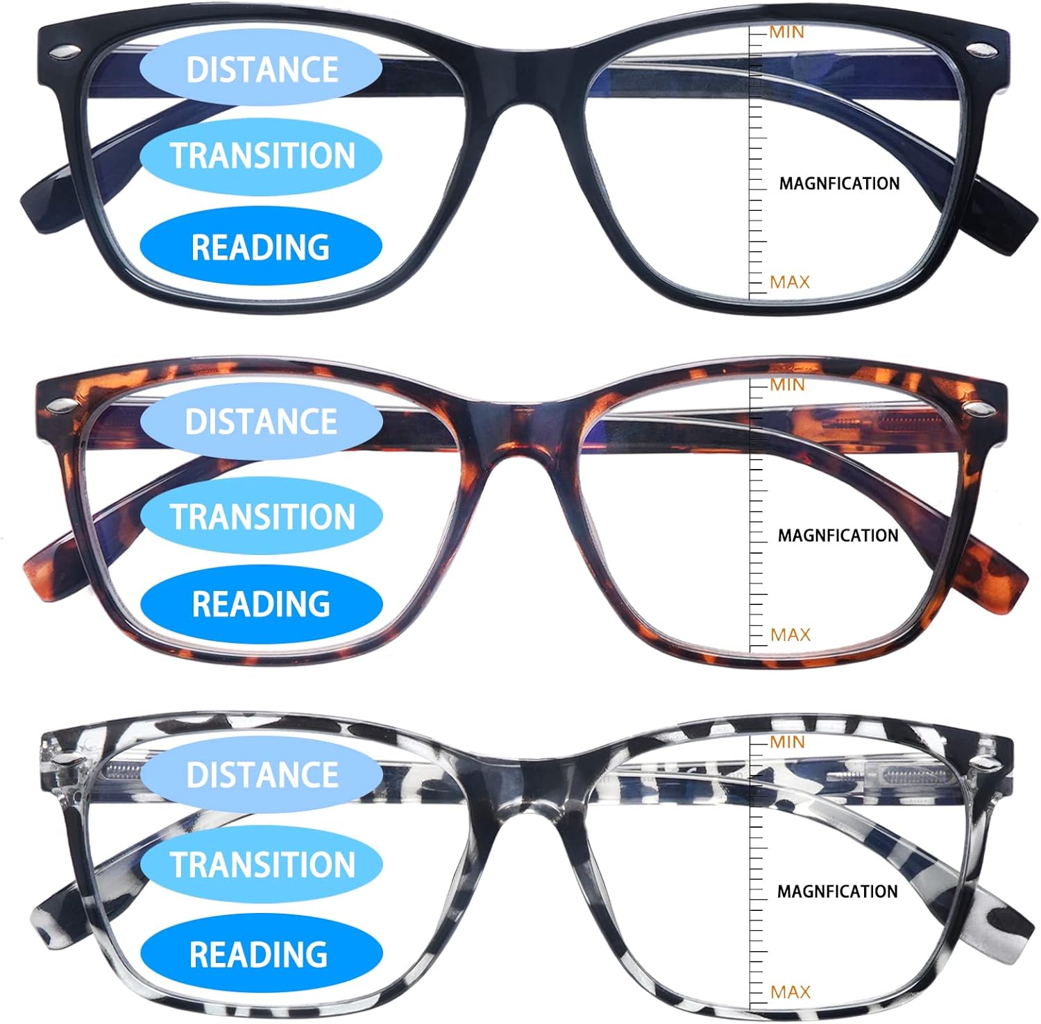 VIDEBLA 3 Pack Progressive Multifocus Reading Glasses for Women Men Blue Light Blocking Multifocus Spring Hinges Readers (3 Mix Color, 1.50, multiplier_x)