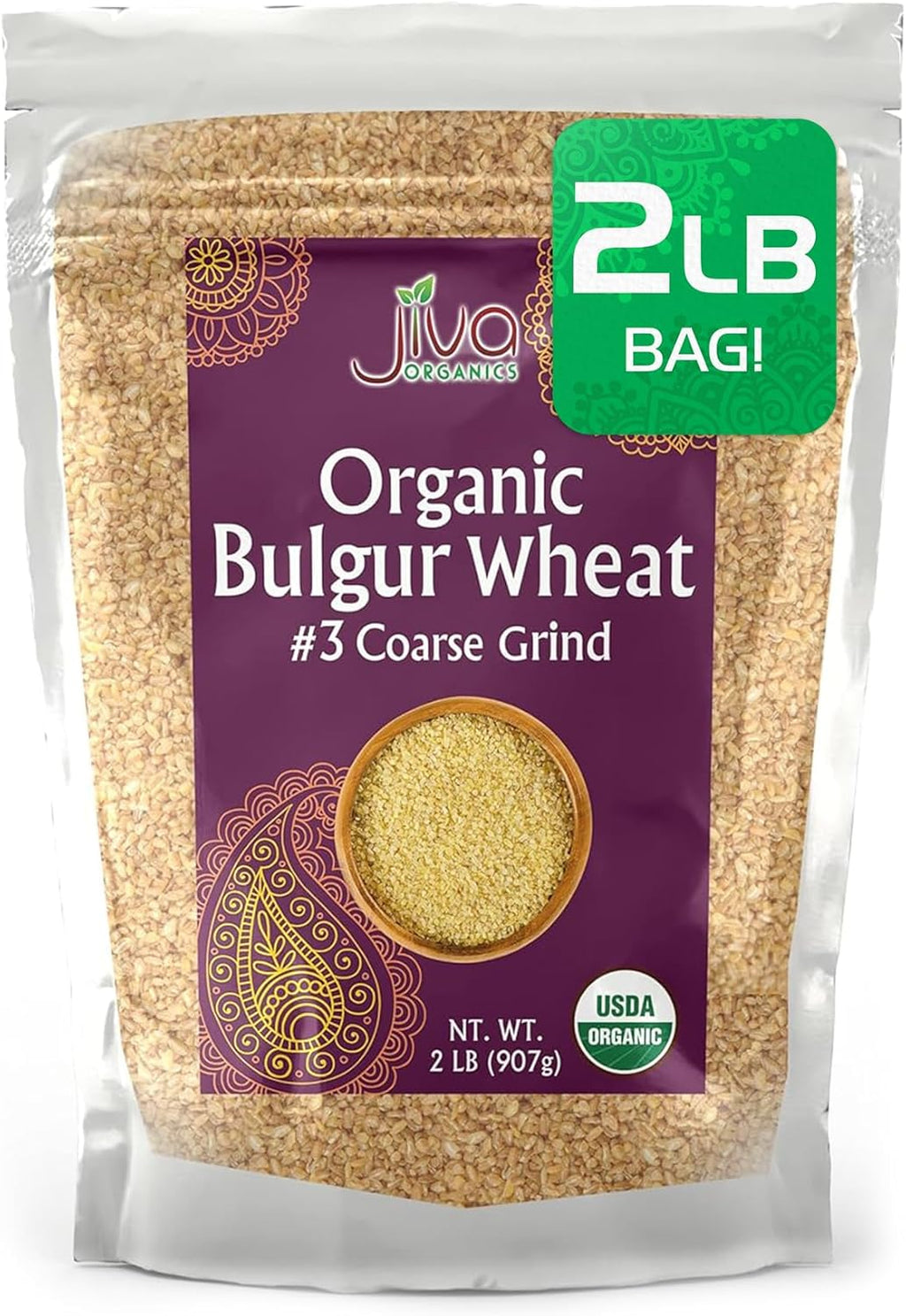 Organic Bulgur Wheat Coarse #3 2 LB - Non-GMO, Grown in USA, 100% Natural Wheat Berries, Resealable Bag by Jiva Organics