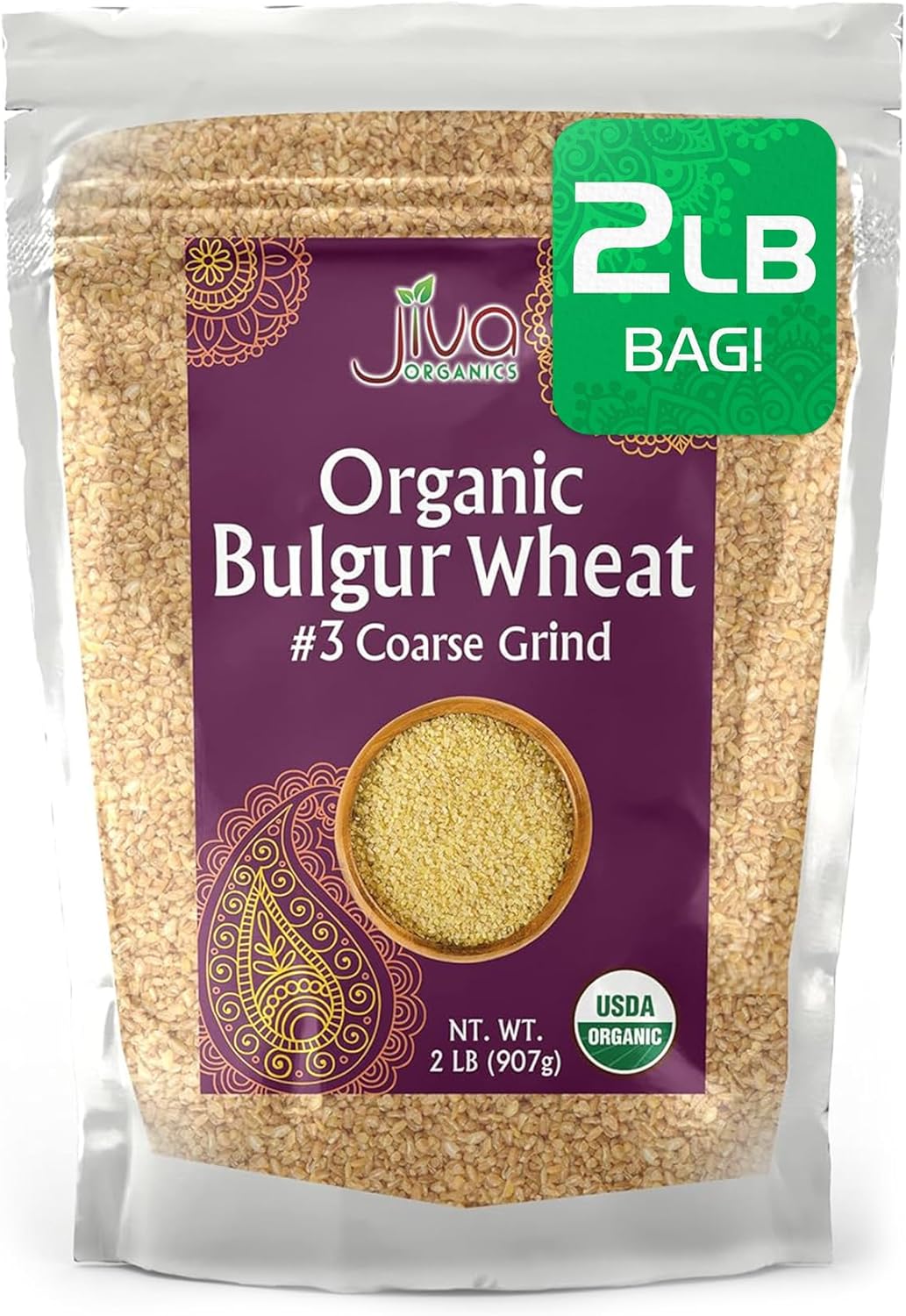 Organic Bulgur Wheat Coarse #3 2 LB - Non-GMO, Grown in USA, 100% Natural Wheat Berries, Resealable Bag by Jiva Organics