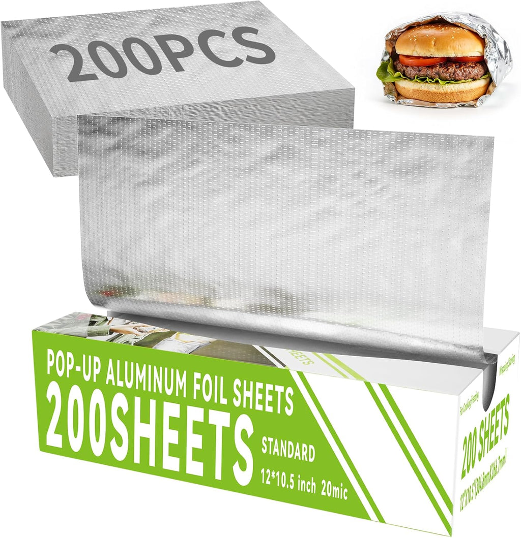 Aluminum Foil Sheets - 200 Count Pre Cut Tinfoil, 12" x 10.6" Inch Pre Cut Foil Sheets for Food, Hot Dog or Sandwich Wrap, Food Storage, Baking, Catering, Restaurant, Kitchen Use