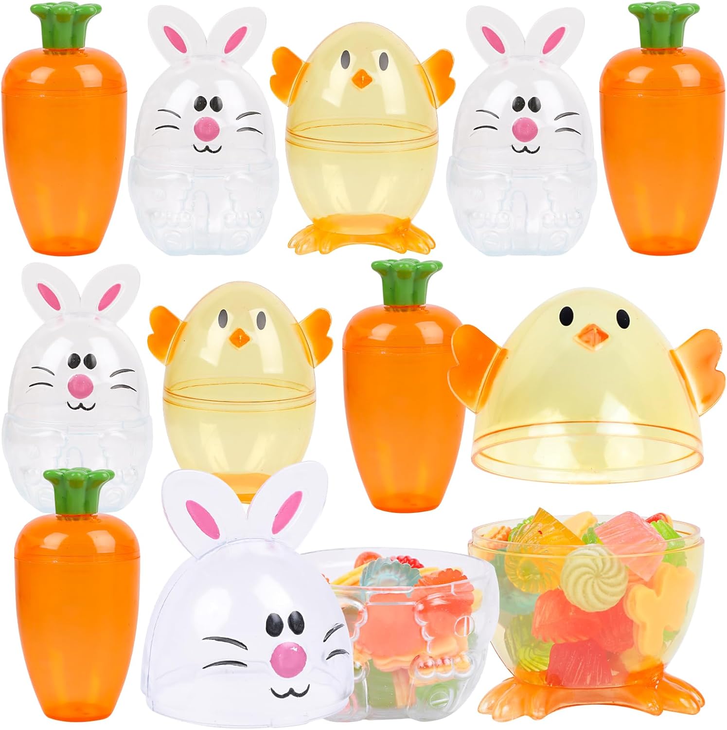 FOIMAS 12pcs Fillable Easter Egg Containers Carrots Bunnies Chicks Shaped Candy Containers for Easter Egg Hunt Basket Stuffers Filler