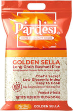 Pardesi Golden Sella Basmati Rice - Extra Long Grain, Naturally Aged, Fluffy & Aromatic | Premium Quality Rice for Biryani, Pulao & Authentic Cooking - 10LB Bag