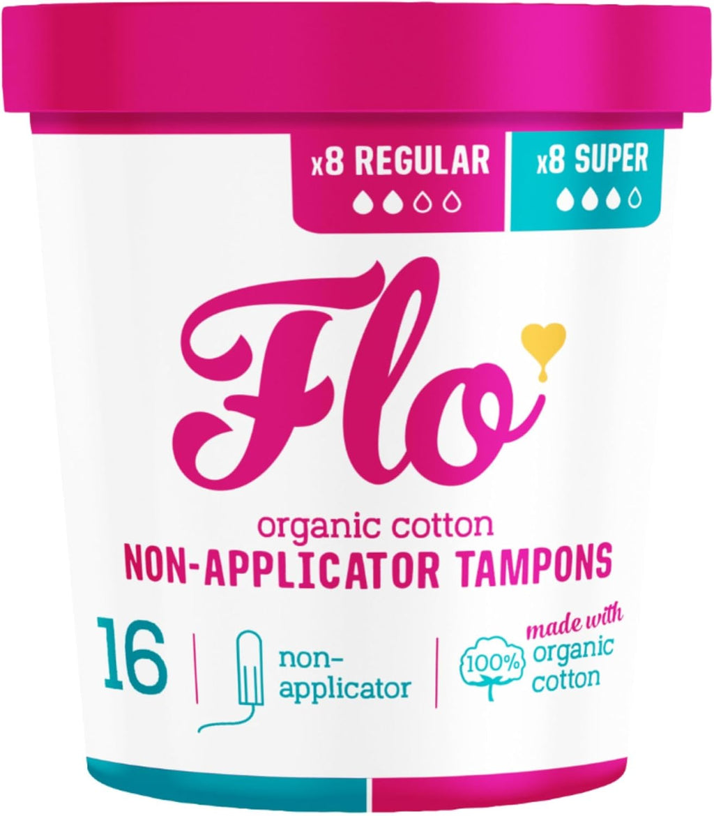 Flo - Organic Cotton Tampons for Women - 16 Pack (8 Regular, 8 Super) - Leak Proof - No Synthetic Fibers, Chlorine Bleach, or Added Dyes - Non-Applicator - Feminine Care - Vegan & Cruelty Free