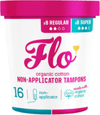 Flo - Organic Cotton Tampons for Women - 16 Pack (8 Regular, 8 Super) - Leak Proof - No Synthetic Fibers, Chlorine Bleach, or Added Dyes - Non-Applicator - Feminine Care - Vegan & Cruelty Free