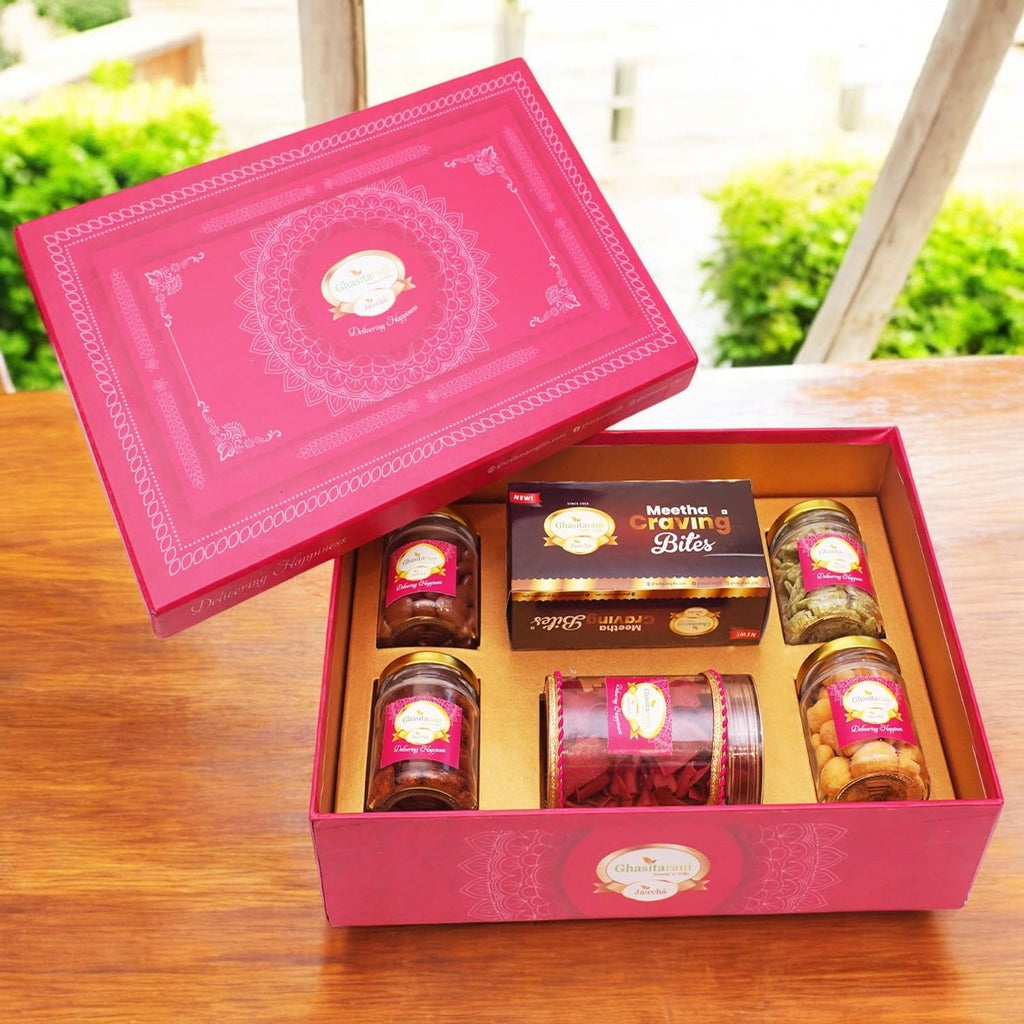 Ghasitaram Gifts Jaiccha Big Pink Hamper Box of Sweets / Bites, Namkeen and Dryfruit- Phb-2|Diwali,Holi,Rakhi,Valentine,Christmas,Birthday,Anniversary,Her,Him|