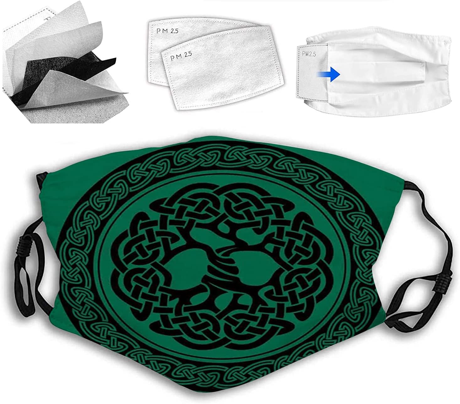 Celtic Fashion Face Mask With Filter Pocket,Tree of Life with European Illustration,Washable Face Bandanas Balaclava Reusable Fabric Mask For Men Women,Green