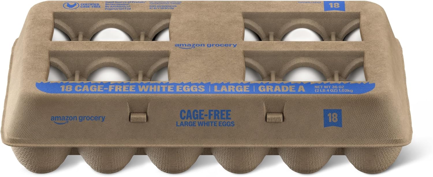 Amazon Grocery, Cage-Free Large White Eggs, Grade A, 18 Ct