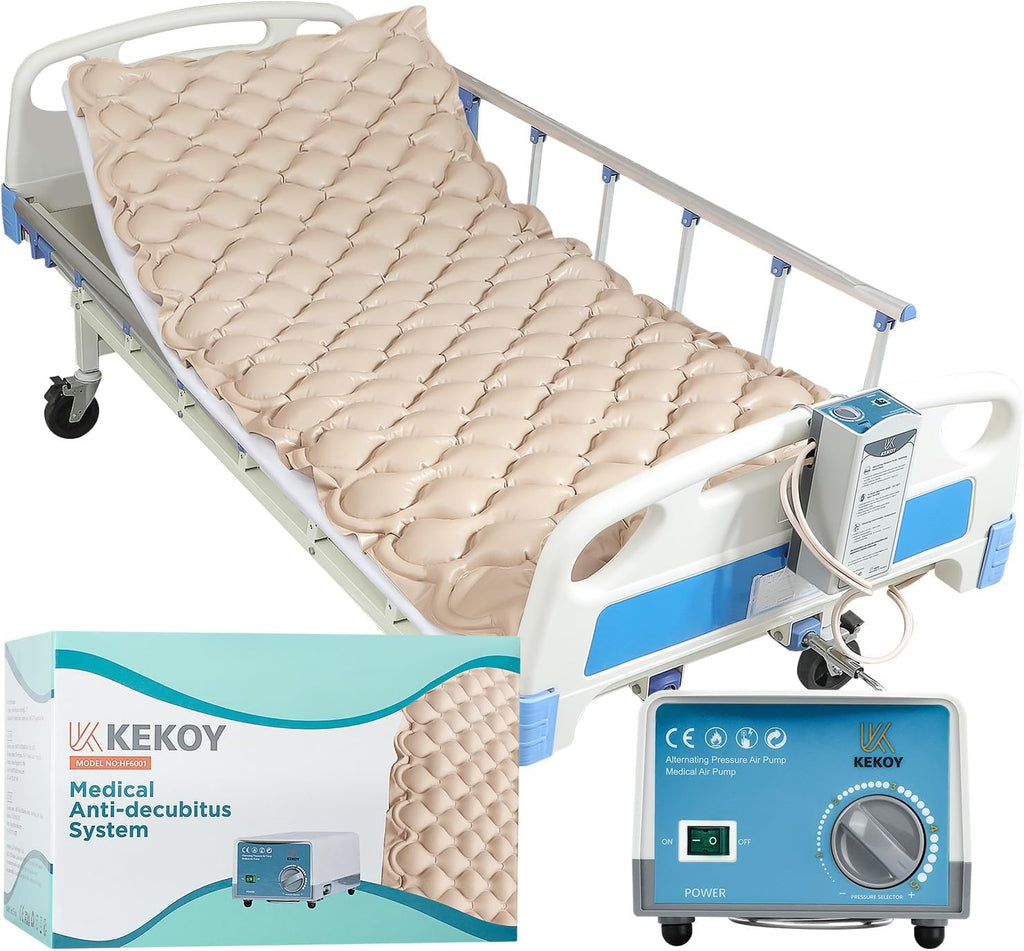 Kekoy Alternating Air Pressure Mattress Pad, Bed Sore Prevention, Hospital Topper for Bedridden Patients, 130 Air Cells, Adjustable Whisper Quiet Pump, Waterproof Cover, Inflated 75"x35" – Beige