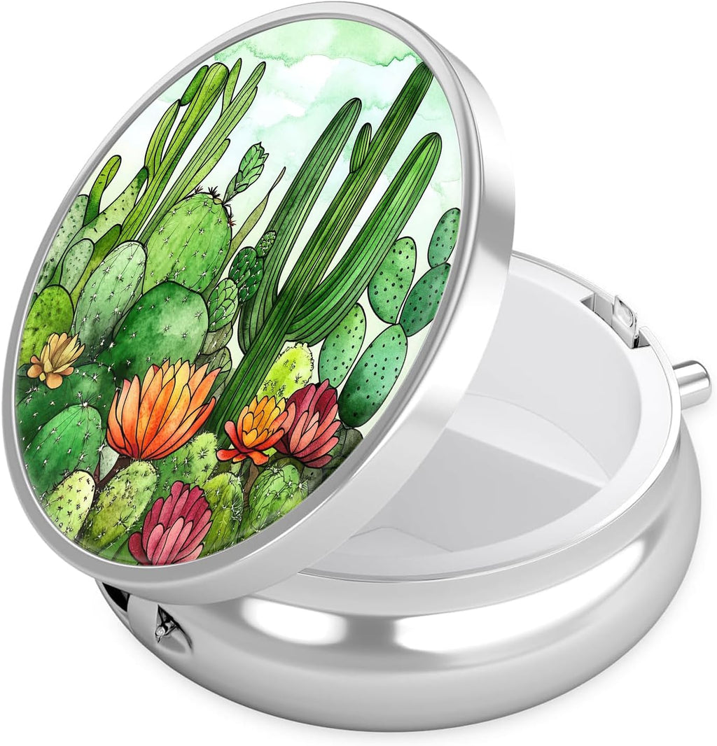Cactus Pill Case, Pill Box 3 Compartments Metal Small Pill Holder with Mirror Mini Travel Pill Container for Purse Pocket Women Men