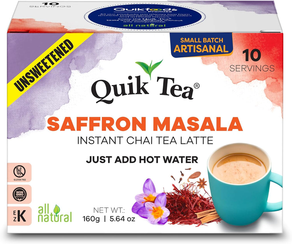 QuikTea Saffron Masala Unsweetened Chai Tea Latte – 10 Count, Bold Saffron Masala Flavor, no preservatives, No Sugar Added – Just Add Hot Water