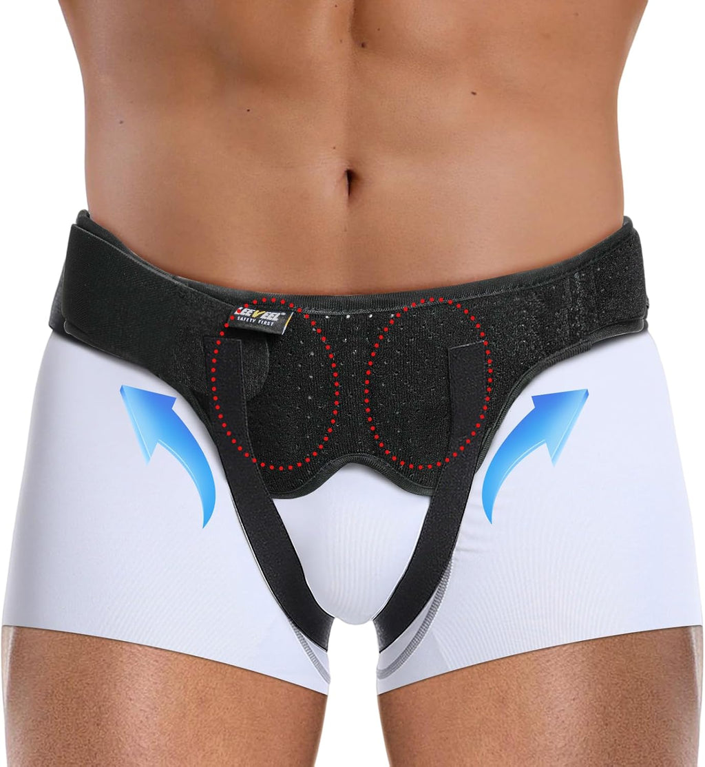 leeveel Hernia Belts for Men,Medical Hernia Guard Inguinal Truss for Single/Double,Sports Hernia Adjustable Waist Strap with 2 Removable Compression Pads (Large)