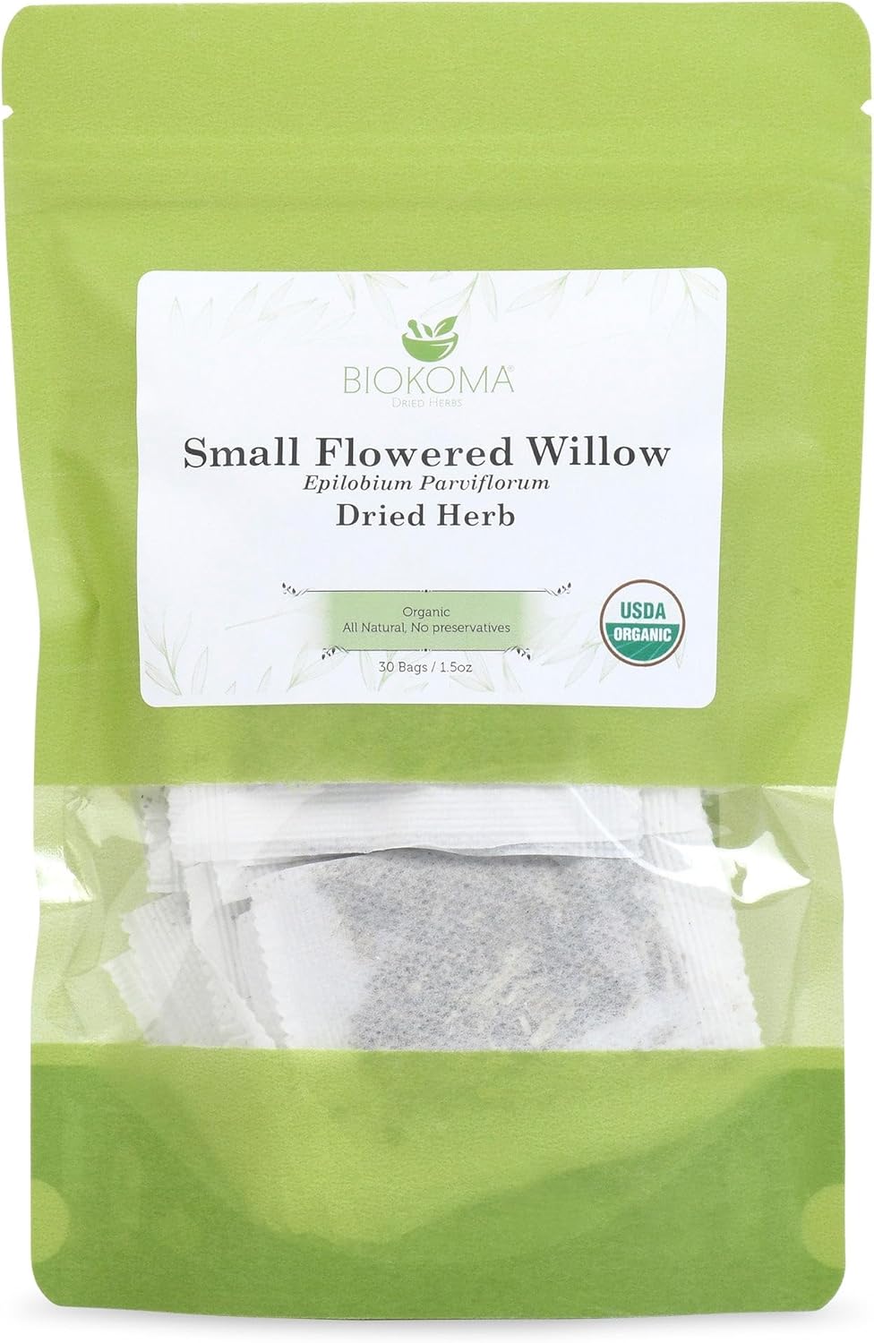 Biokoma Organic Small-Flowered Willow Dried Herb 30 Tea Bags (1.5oz) Epilobium Parviflorum USDA Organic Herbal Tea Urinary Support Prostate Health Resealable Pouch No Additives No Preservatives Kosher
