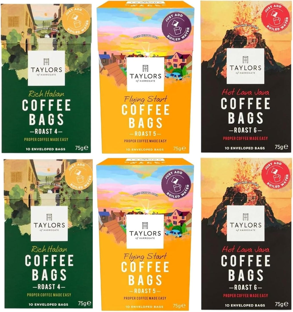 Taylors of Harrogate Coffee Bags, 2 X 10 Rich Italian Coffee Bags, 2 X 10 Hot Lava Java Coffee Bags and 2 X 10 Flying Start Coffee Bags (Total 6 Packs, 60 bags)