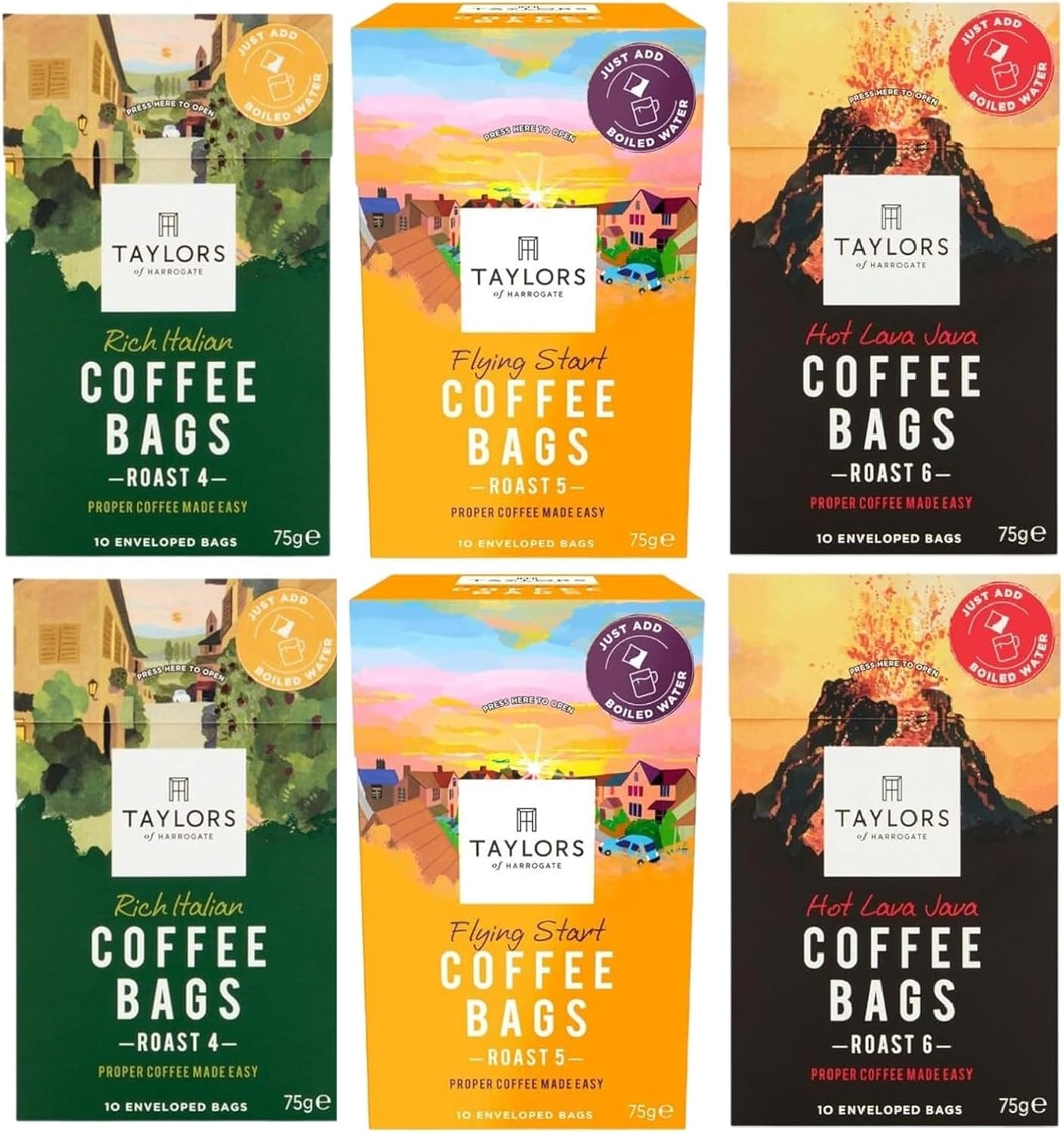 Taylors of Harrogate Coffee Bags, 2 X 10 Rich Italian Coffee Bags, 2 X 10 Hot Lava Java Coffee Bags and 2 X 10 Flying Start Coffee Bags (Total 6 Packs, 60 bags)
